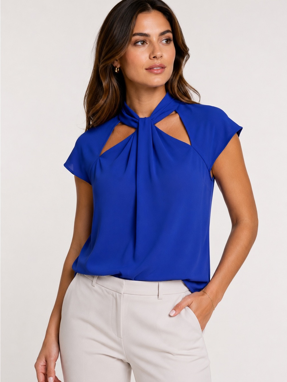 BCBGMaxAzria MAYA Royal Blue Twist-Neck Sleeveless Top Size M Casual Business